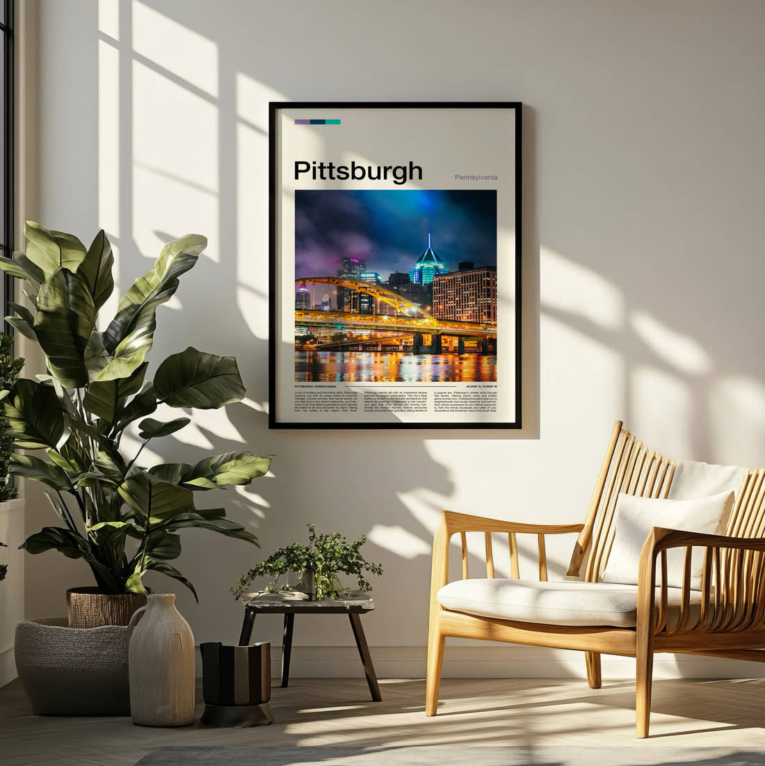 Pittsburgh Bridge At Night Travel Print framed on a pale wall beside houseplants