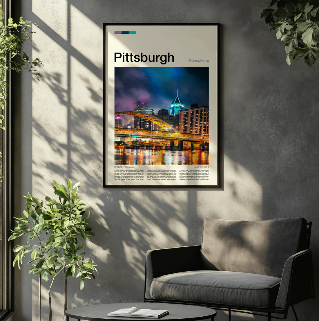 Pittsburgh Bridge At Night Travel Print framed on the wall of a relaxed living room