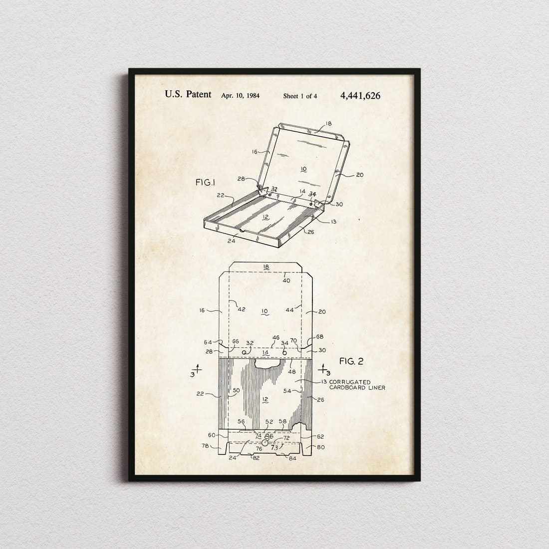 Pizza Box Patent Print in the aged paper colourway, framed