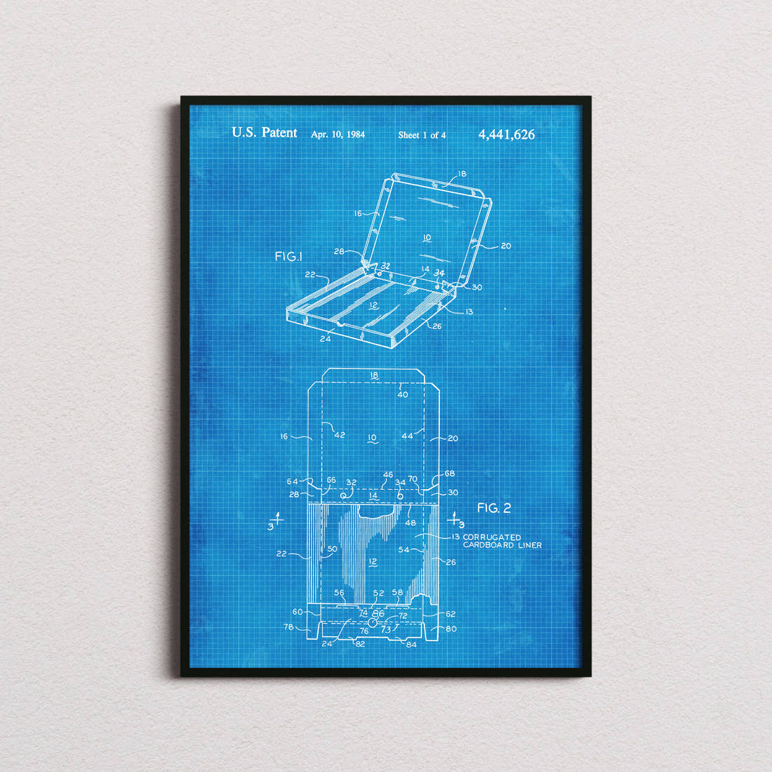Pizza Box Patent Print in the blueprint colourway, framed