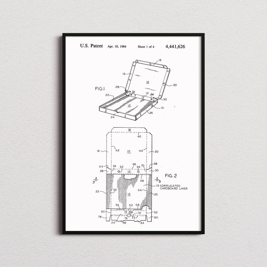 Pizza Box Patent Print in the white colourway, framed