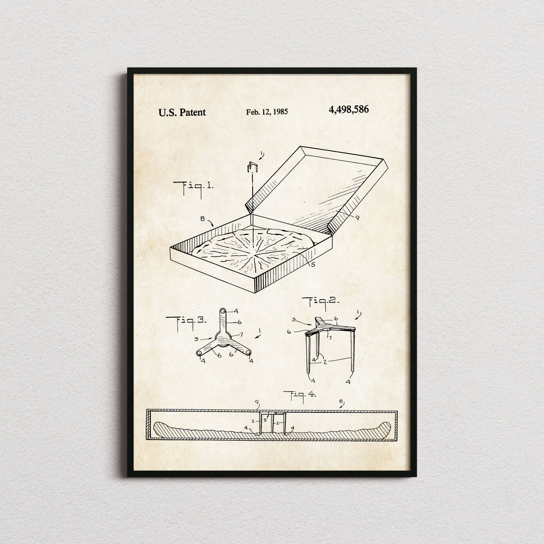 Pizza Box Saver Patent Print in the aged paper colourway, framed