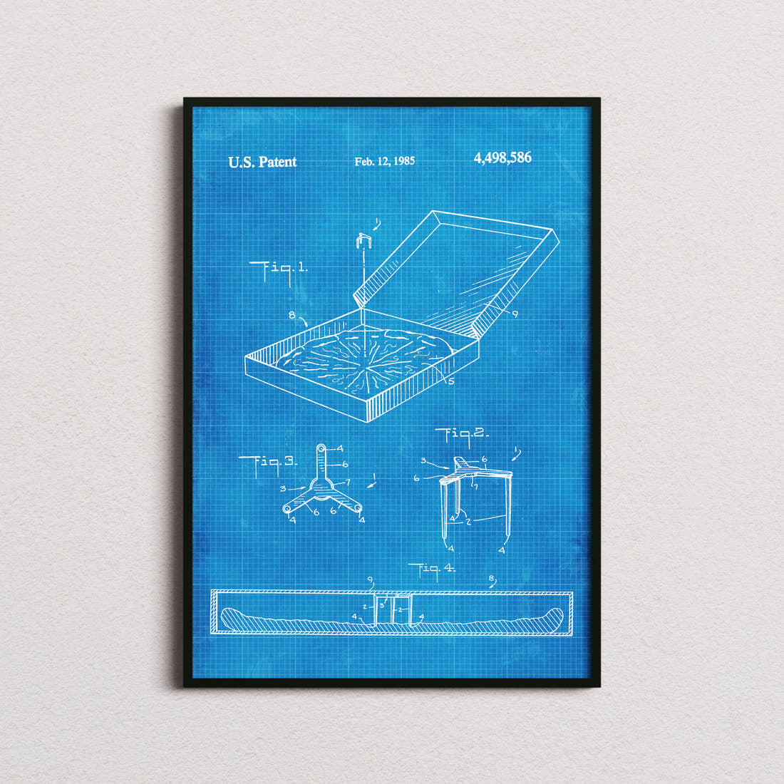 Pizza Box Saver Patent Print in the blueprint colourway, framed