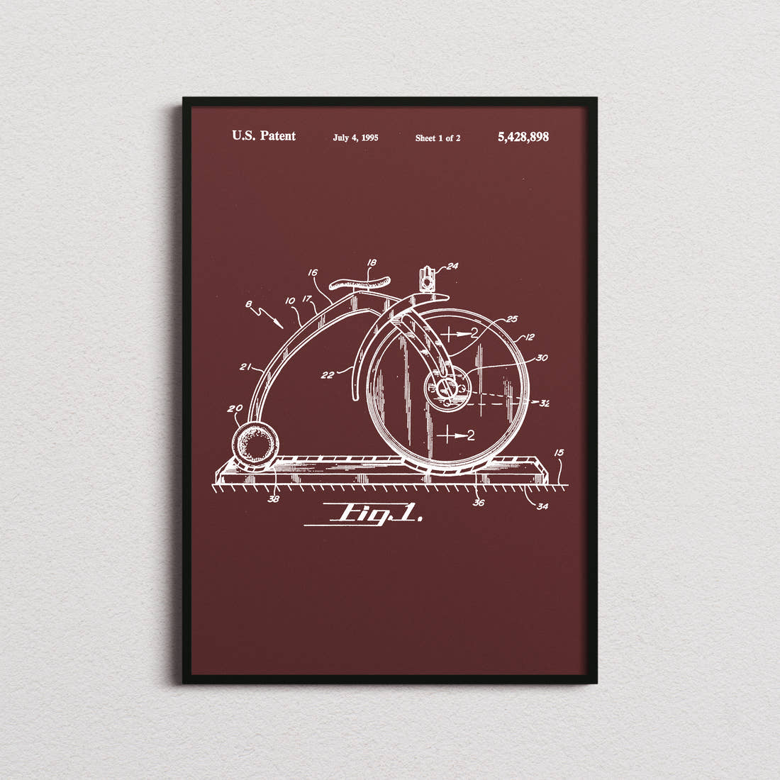 Pizza Cutter Patent Print in the burgundy colourway, framed
