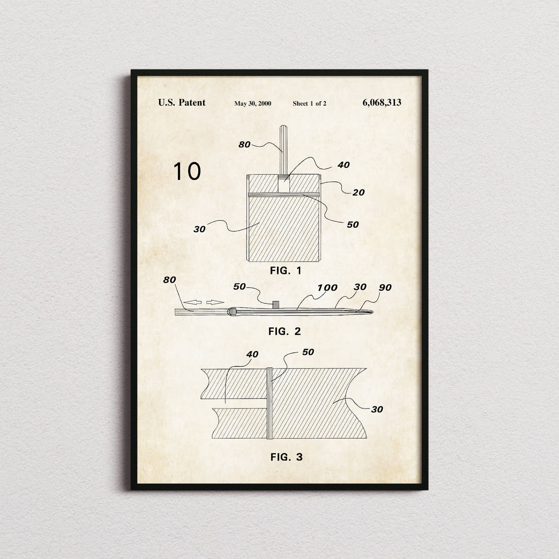 Pizza Paddle Patent Print in the aged paper colourway, framed