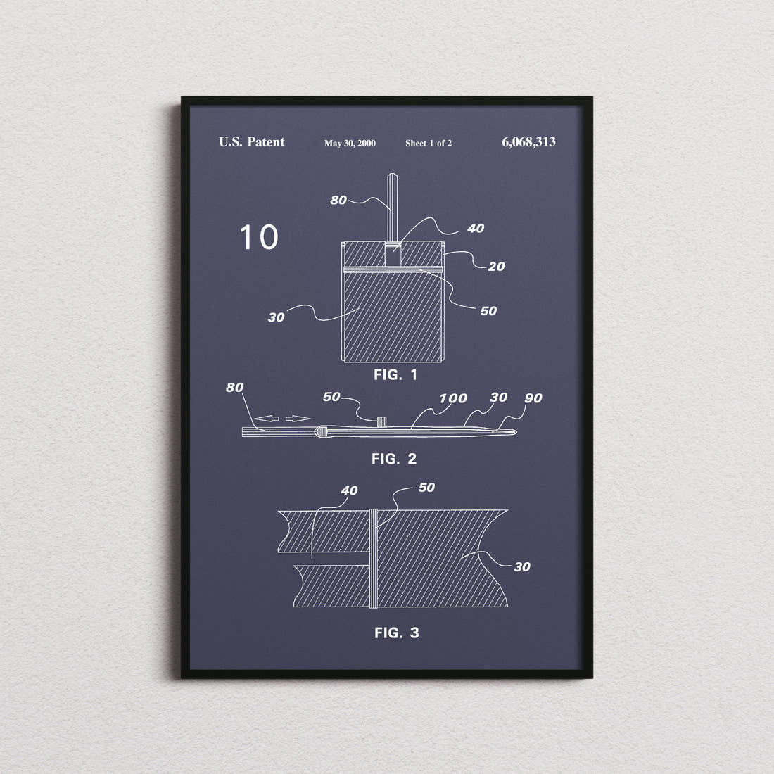 Pizza Paddle Patent Print in the navy colourway, framed