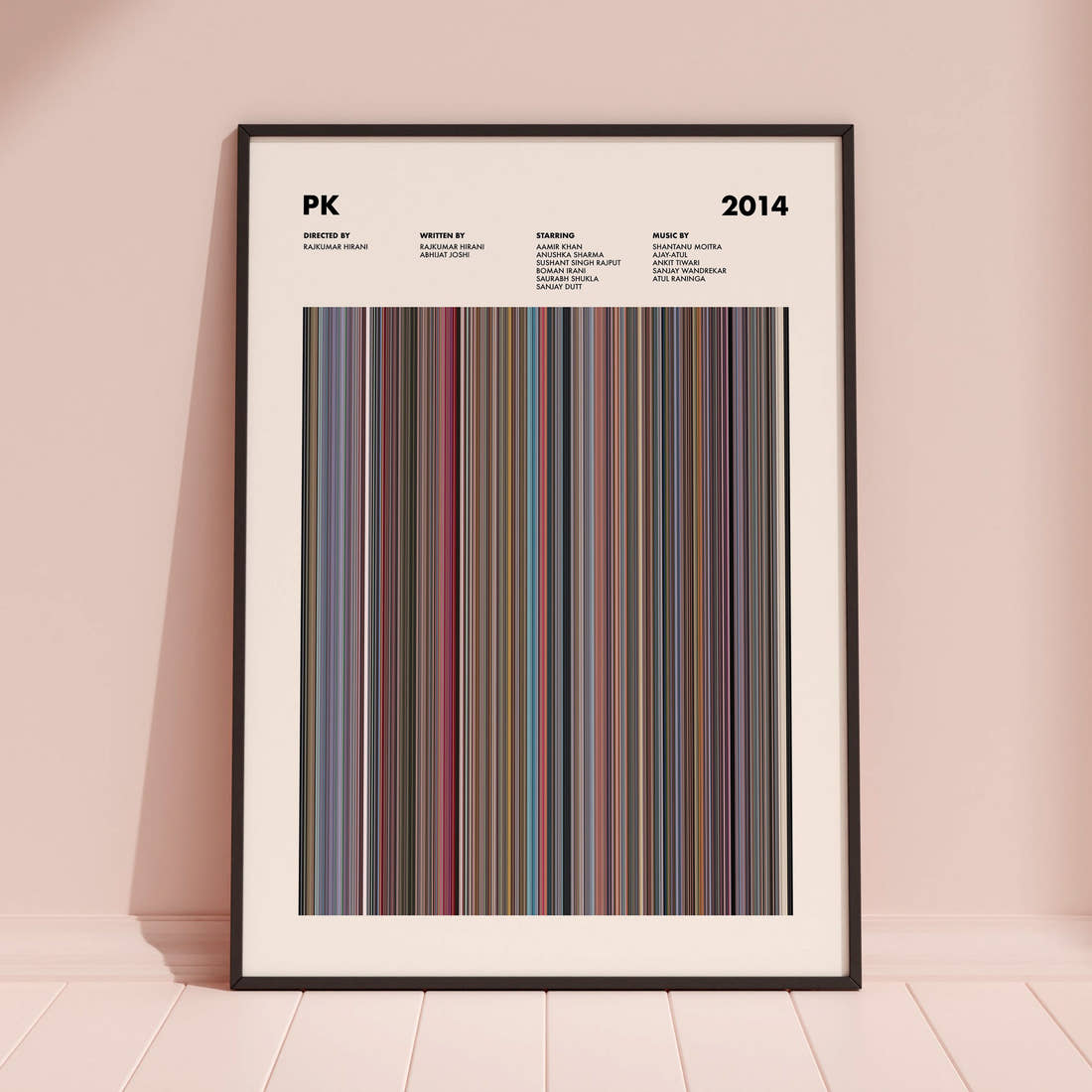 PK Movie Barcode Poster framed and leaning against a coloured wall