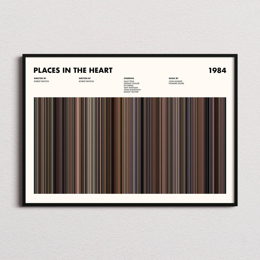 Places in the Heart Movie Barcode Poster framed and photographed straight on