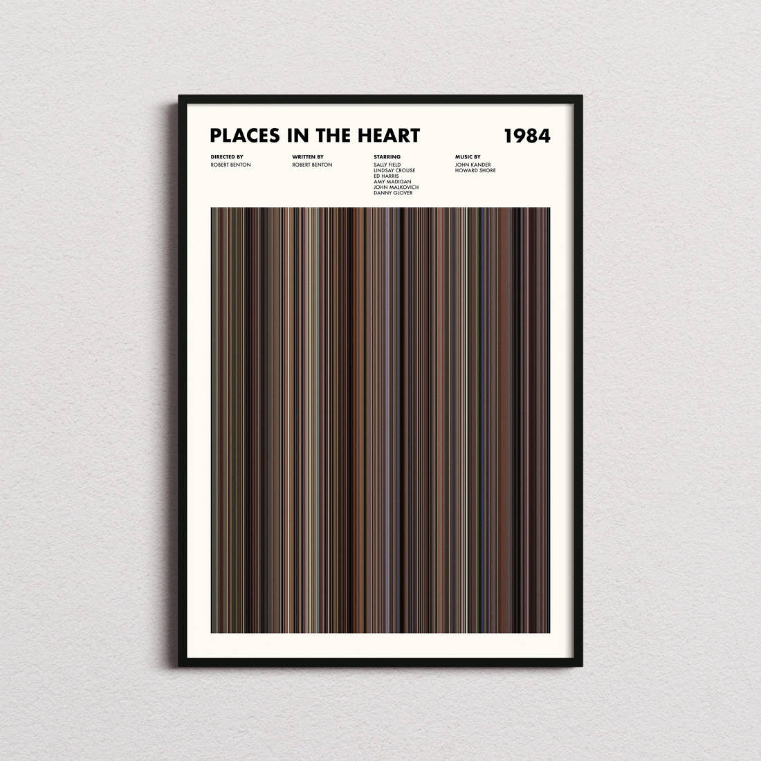 Places in the Heart Movie Barcode Poster framed on a plain studio wall