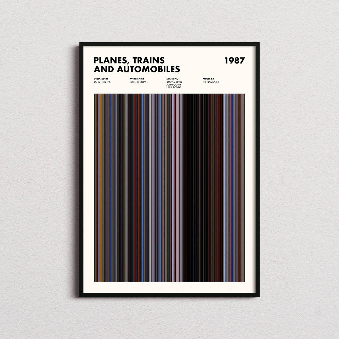 Planes, Trains and Automobiles Movie Barcode Poster framed on a plain studio wall