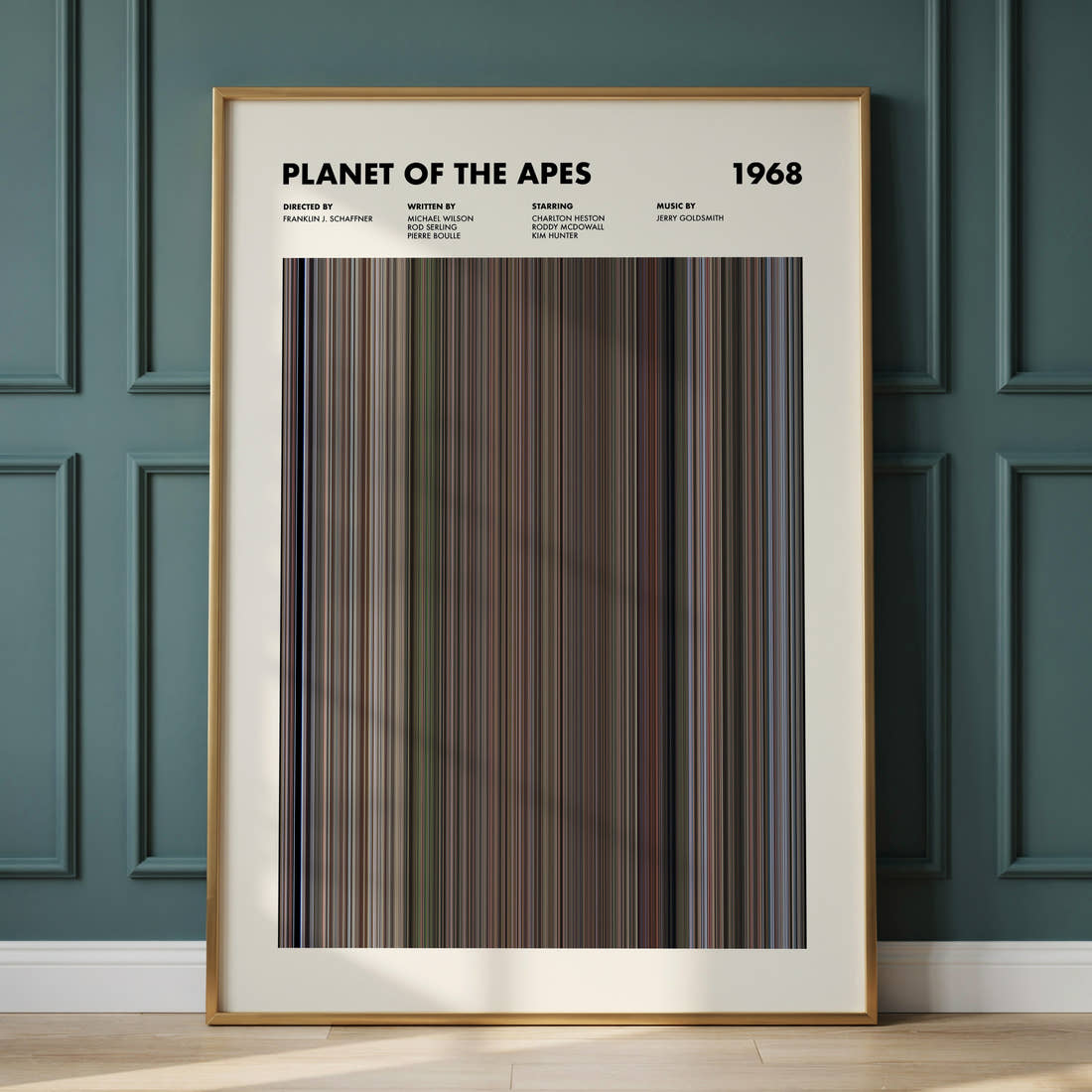 Planet Of The Apes 1968 Movie Barcode Poster framed and leaning against a panelled wall