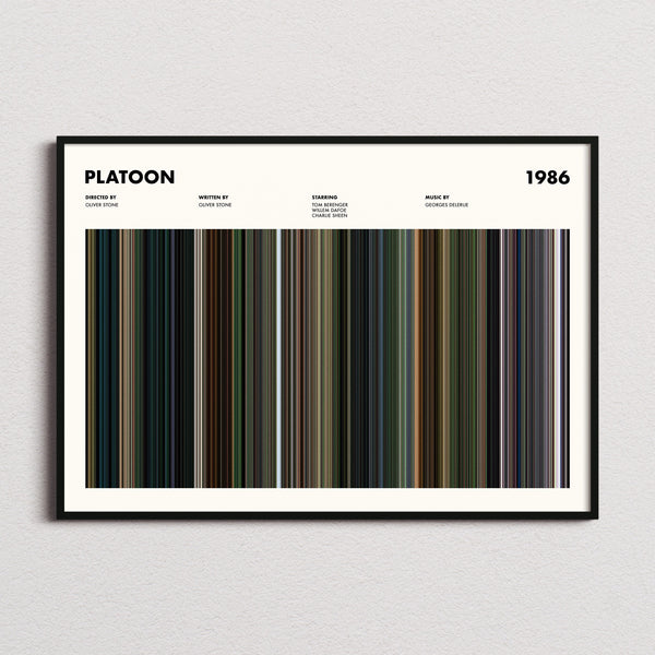 Platoon Movie Barcode Poster framed and photographed straight on