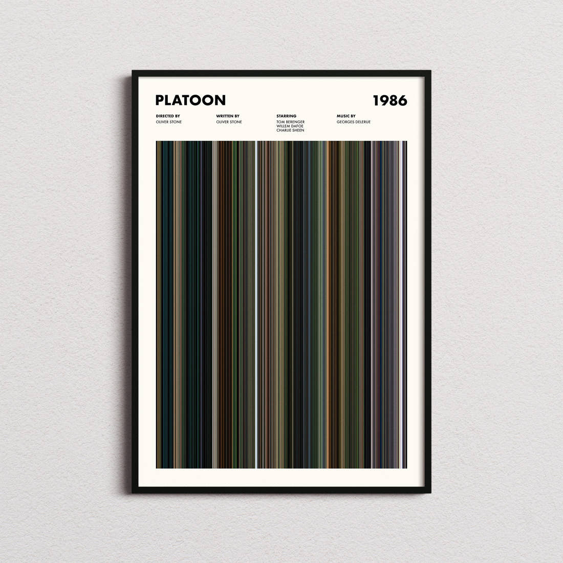 Platoon Movie Barcode Poster framed on a plain studio wall