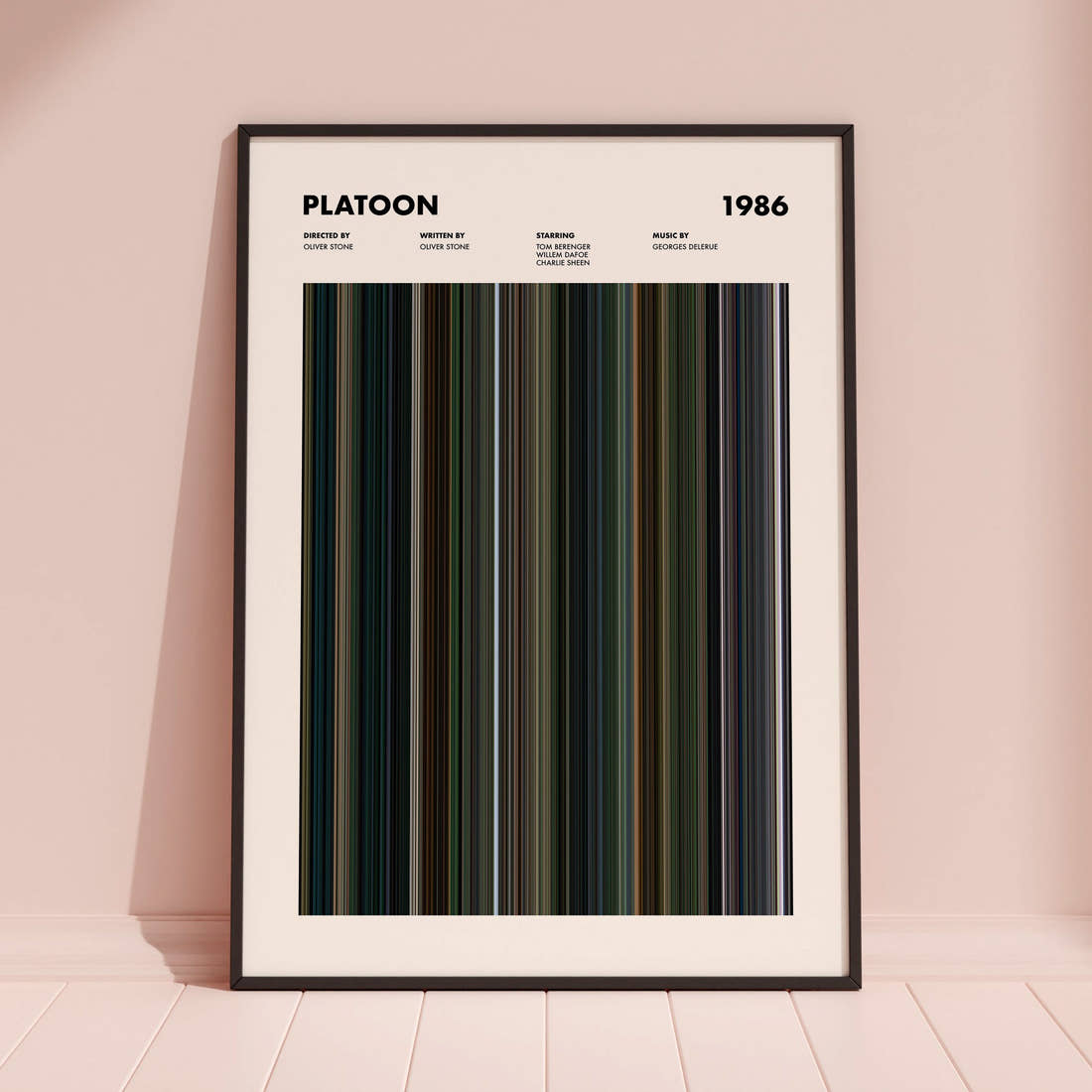 Platoon Movie Barcode Poster framed and leaning against a coloured wall