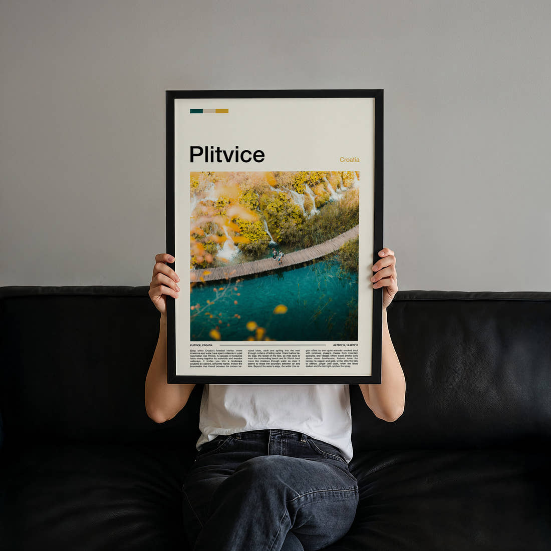 Plitvice Boardwalk From Above Travel Print held up by hand to show the size of the print