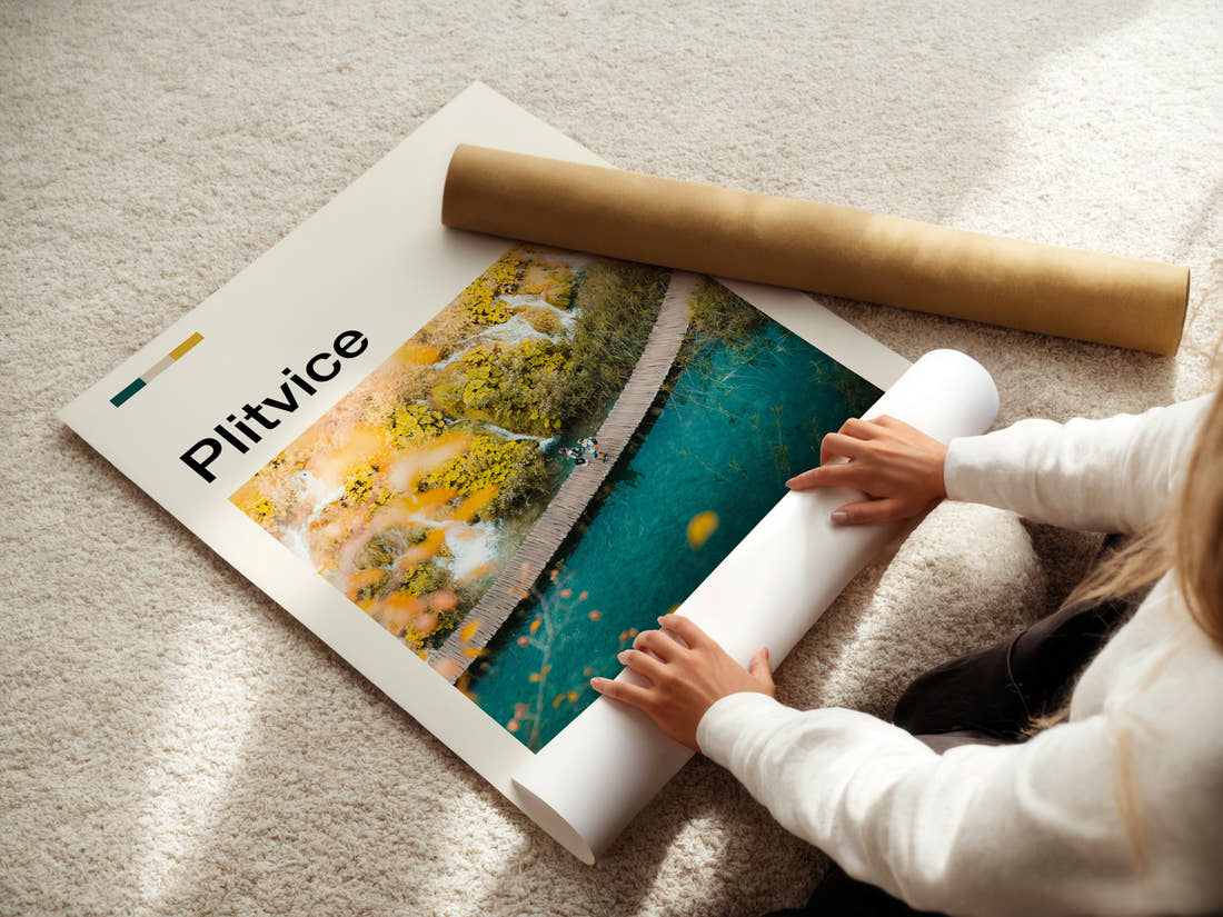 Plitvice Boardwalk From Above Travel Print being unrolled from its postal tube