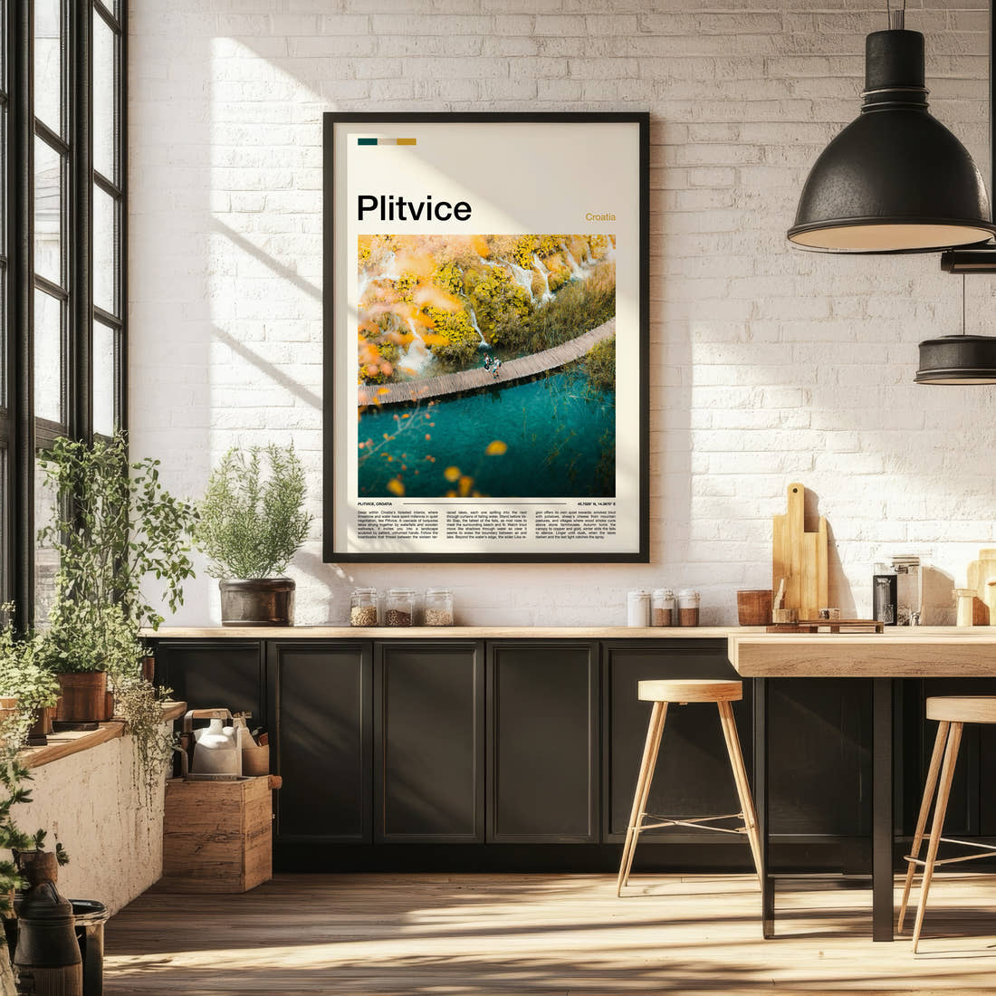 Plitvice Boardwalk From Above Travel Print framed on the wall of a bright kitchen and dining space
