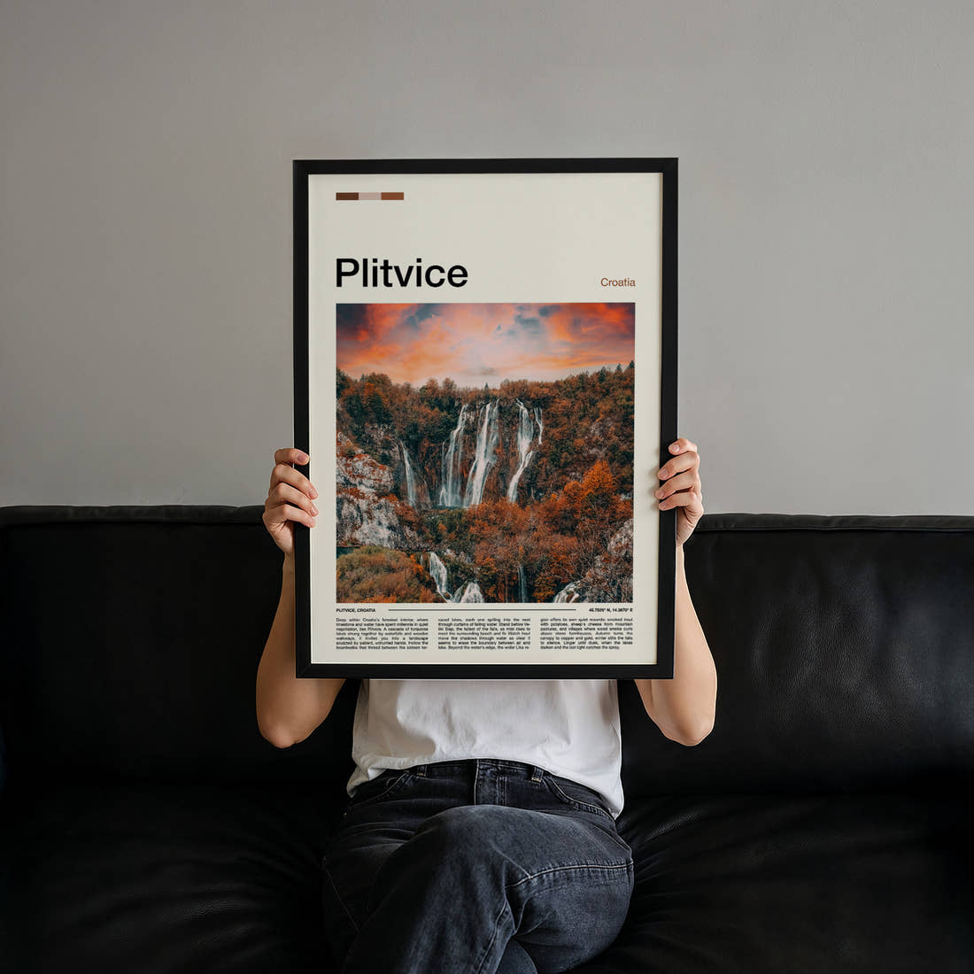 Plitvice Autumn Waterfalls At Sunset Travel Print held up by hand to show the size of the print