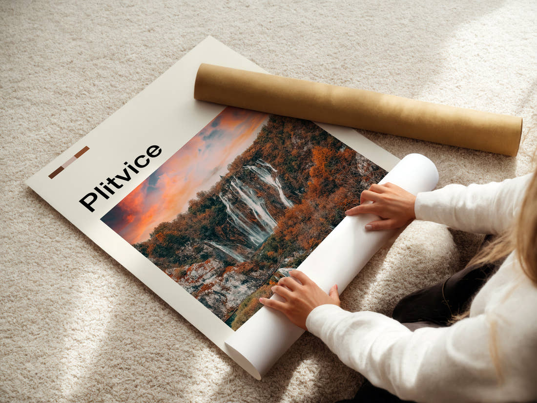 Plitvice Autumn Waterfalls At Sunset Travel Print being unrolled from its postal tube