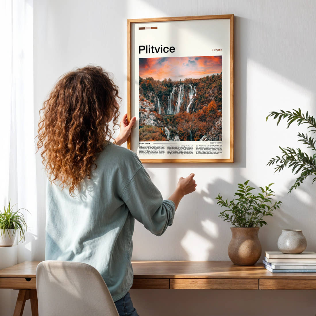 Plitvice Autumn Waterfalls At Sunset Travel Print framed on a pale wall beside houseplants