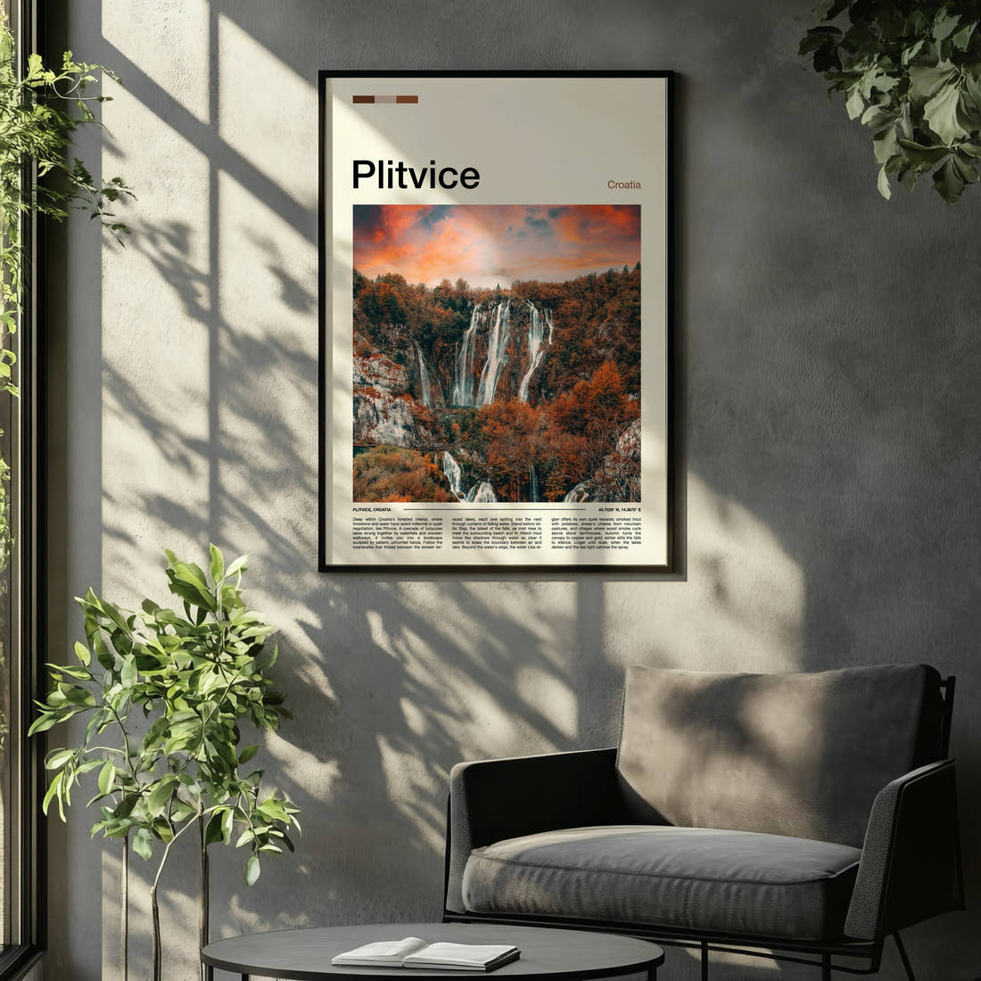 Plitvice Autumn Waterfalls At Sunset Travel Print framed on the wall of a relaxed living room