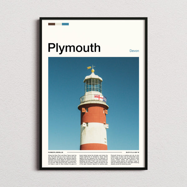 Plymouth Striped Lighthouse Tower Travel Print framed and photographed straight on