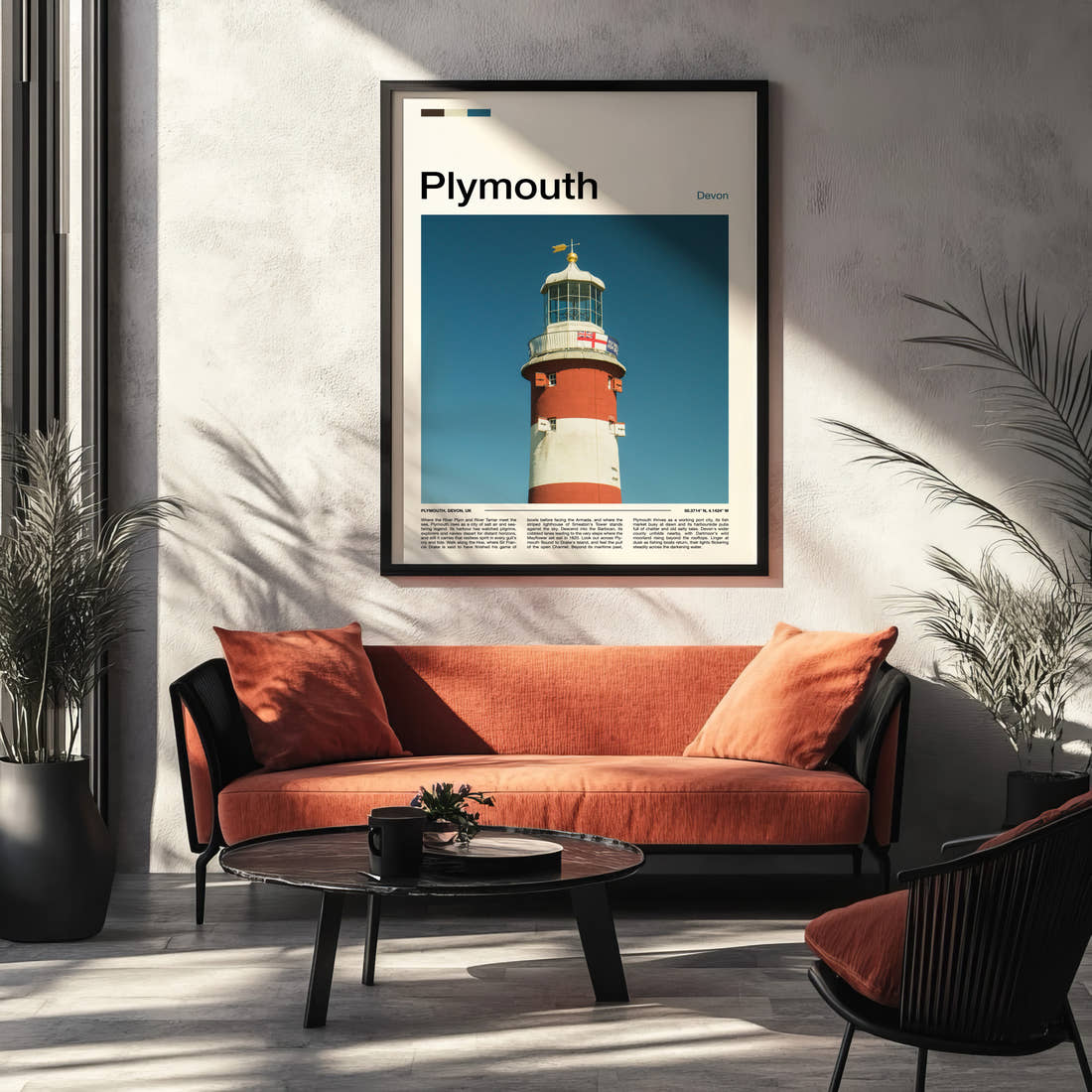 Plymouth Striped Lighthouse Tower Travel Print framed on the wall of a modern living room