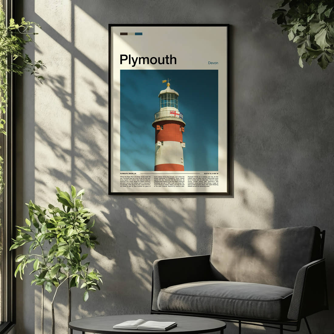 Plymouth Striped Lighthouse Tower Travel Print framed on the wall of a relaxed living room