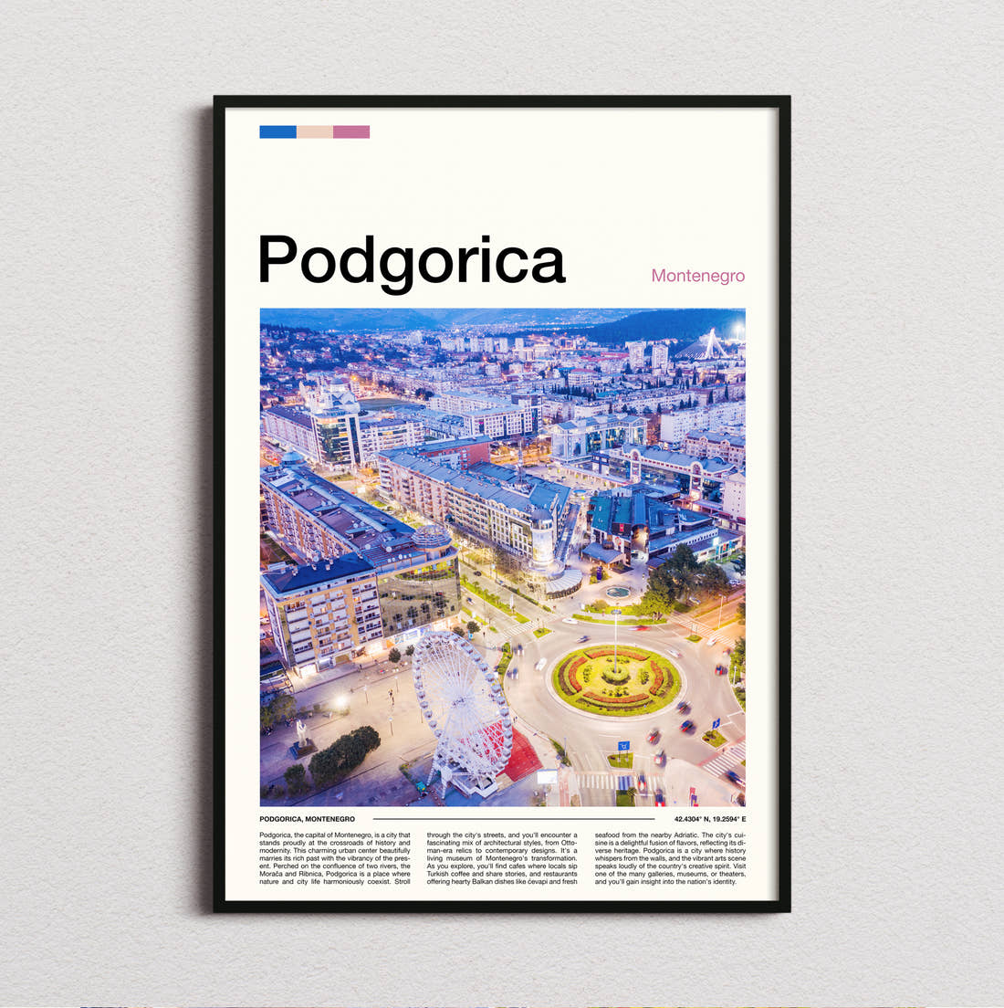 Podgorica Aerial View Of City Travel Print framed and photographed straight on