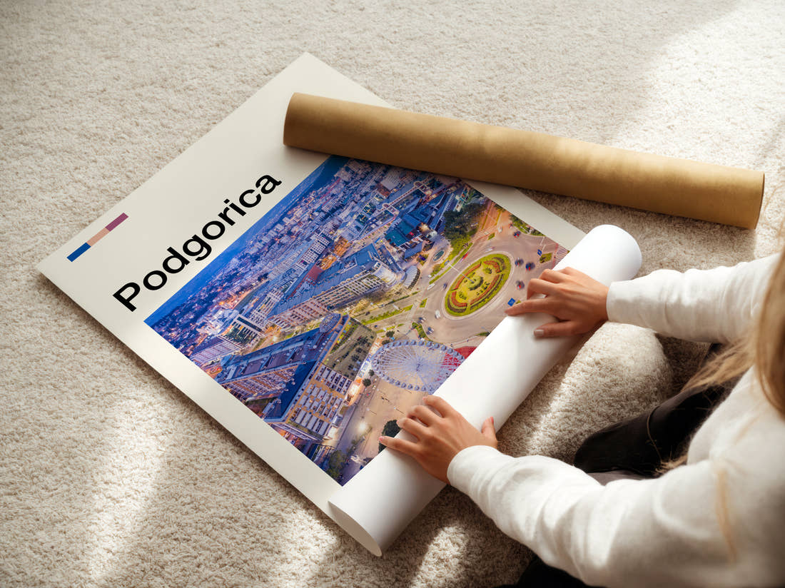 Podgorica Aerial View Of City Travel Print being unrolled from its postal tube
