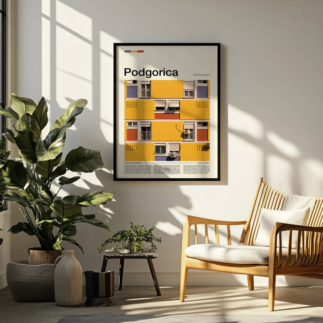 Podgorica Colourful Building Facade Travel Print framed on a pale wall beside houseplants