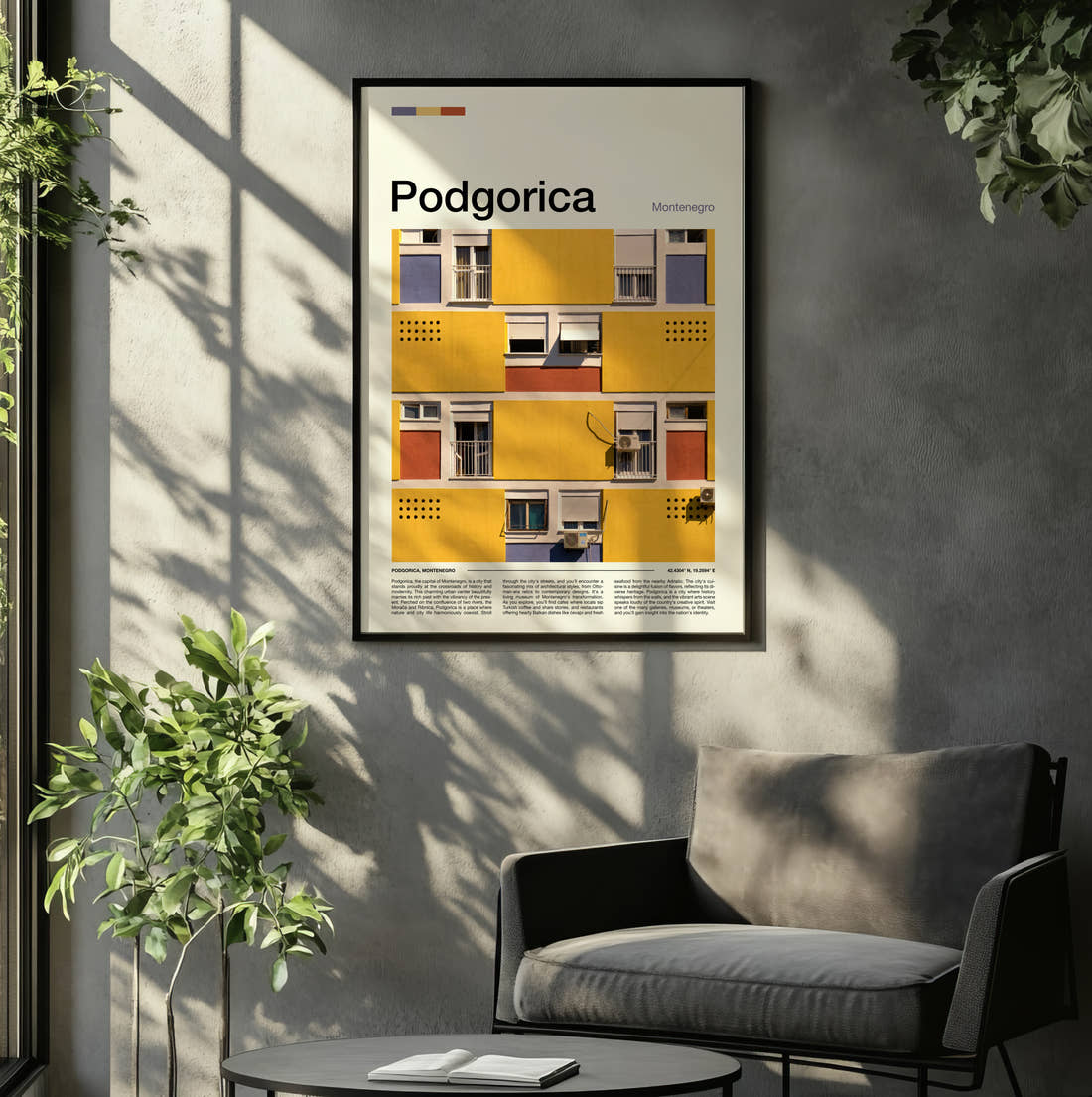 Podgorica Colourful Building Facade Travel Print framed on the wall of a relaxed living room