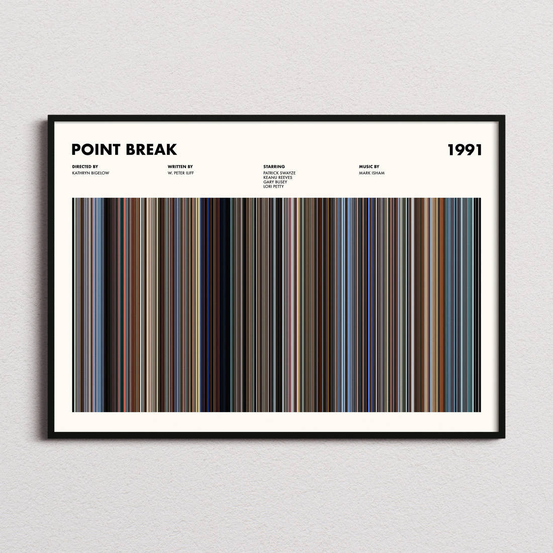 Point Break Movie Barcode Poster framed and photographed straight on