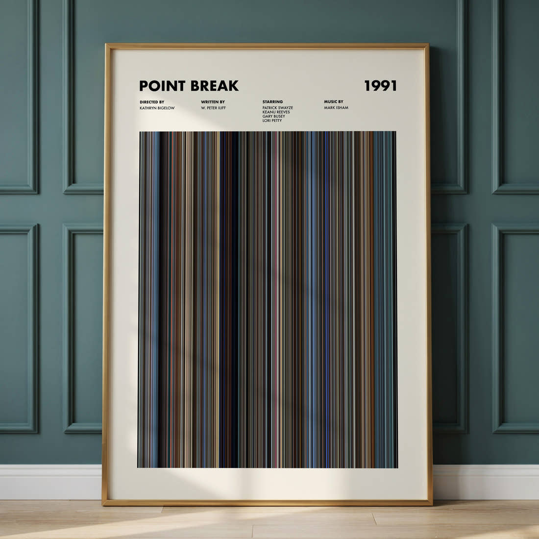 Point Break Movie Barcode Poster framed and leaning against a panelled wall