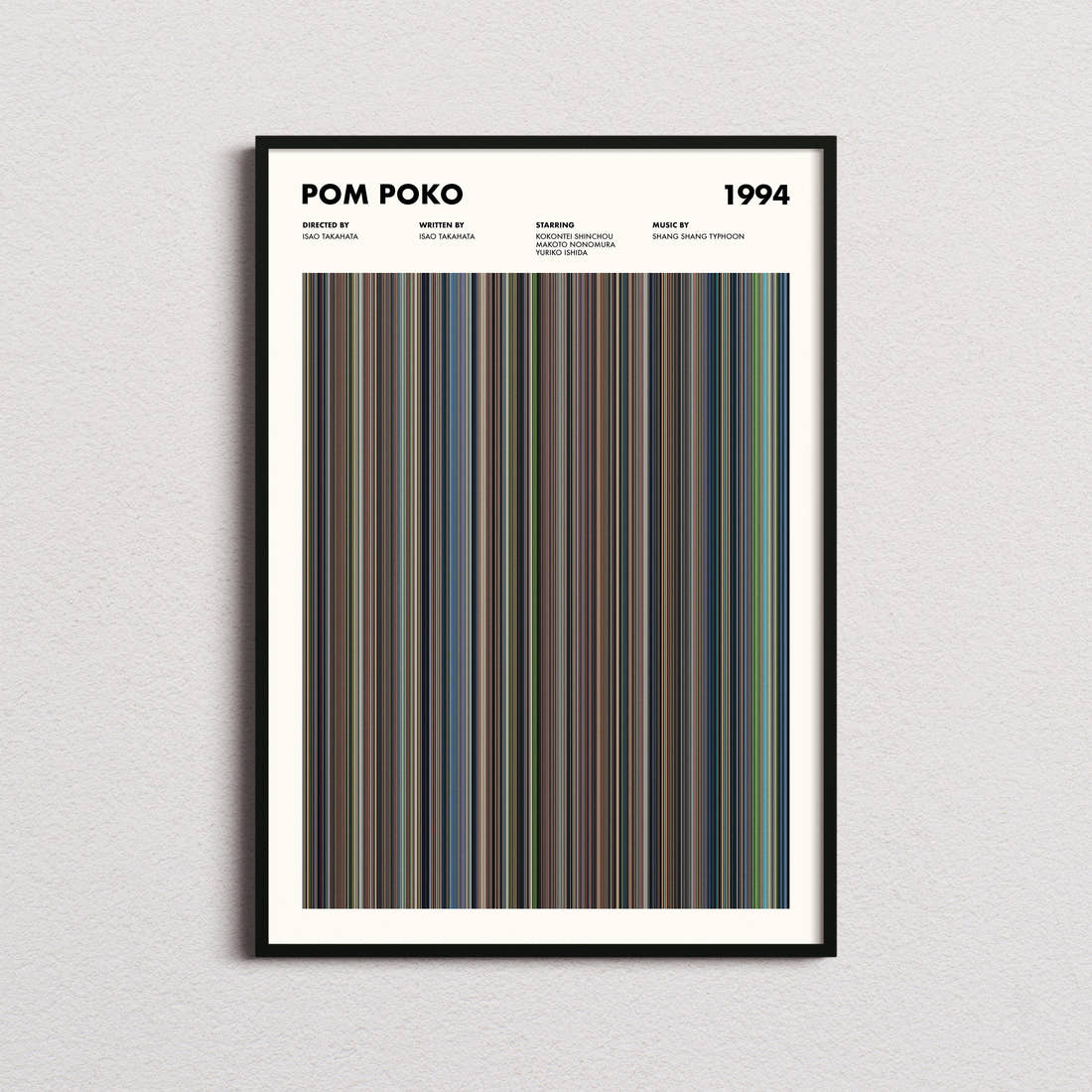 Pom Poko Movie Barcode Poster framed on a plain studio wall