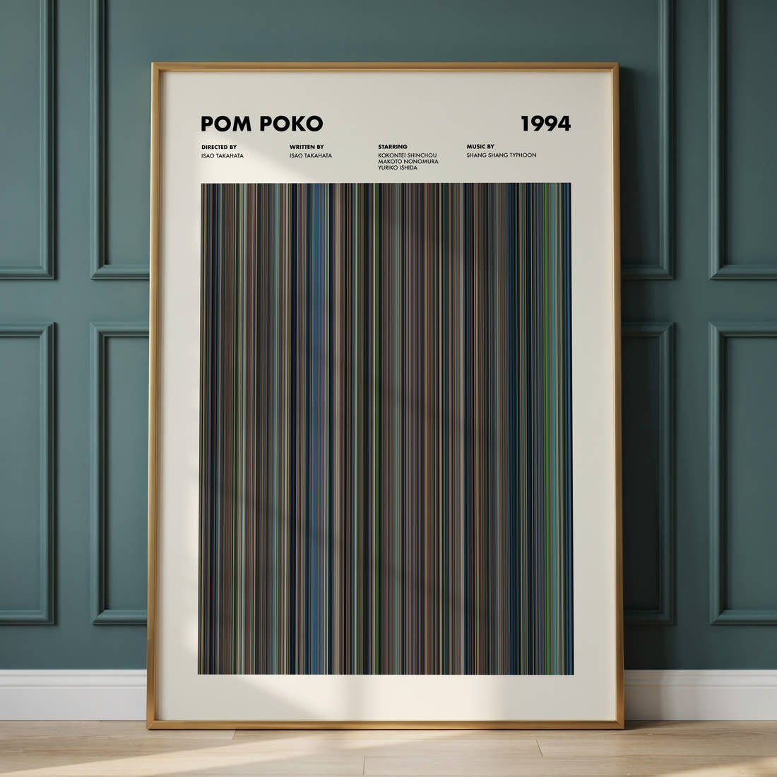 Pom Poko Movie Barcode Poster framed and leaning against a panelled wall