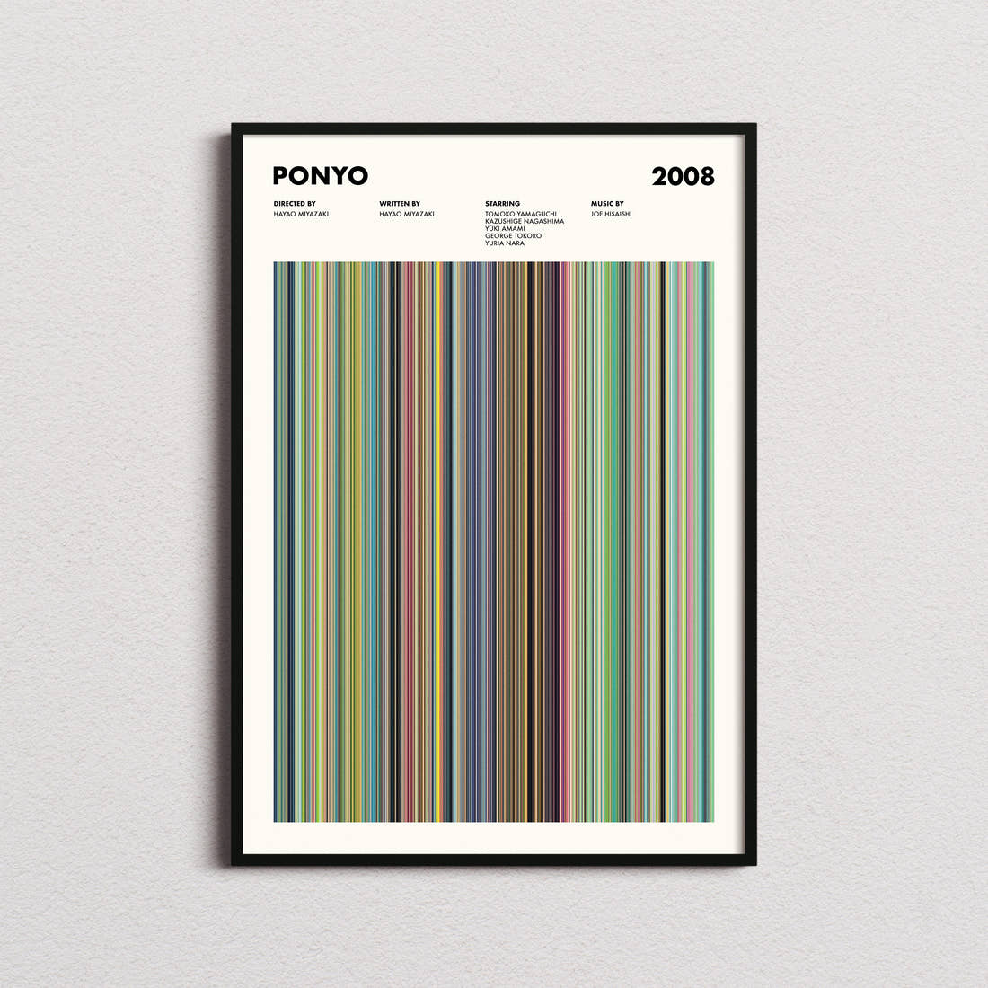 Ponyo Movie Barcode Poster framed on a plain studio wall