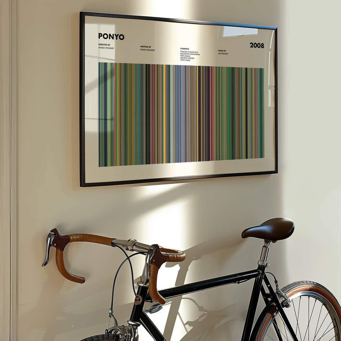 Ponyo Movie Barcode Poster framed on the wall of a styled room setting