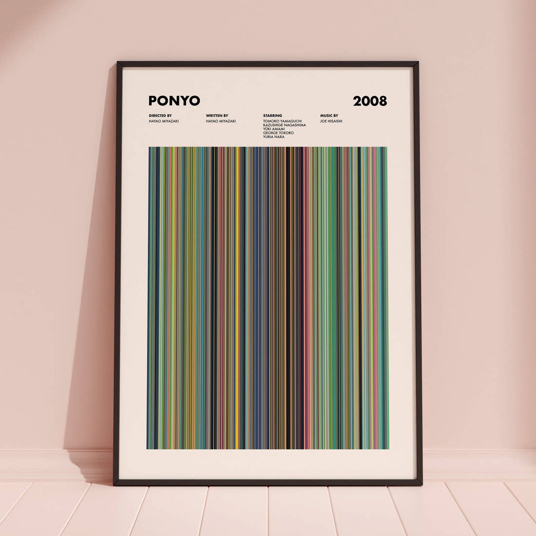 Ponyo Movie Barcode Poster framed and leaning against a coloured wall