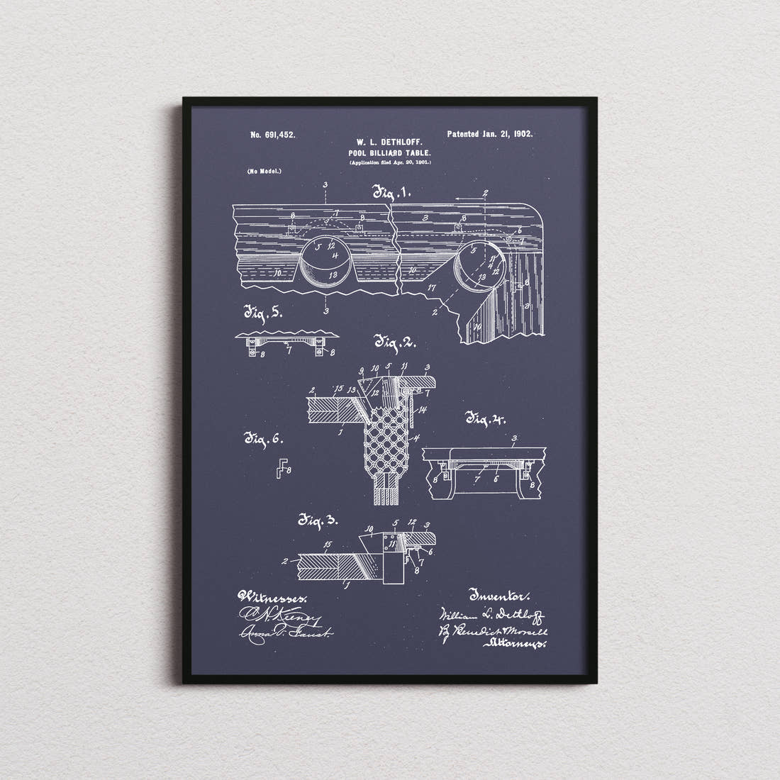 Pool Billiard Table Patent Print in the navy colourway, framed