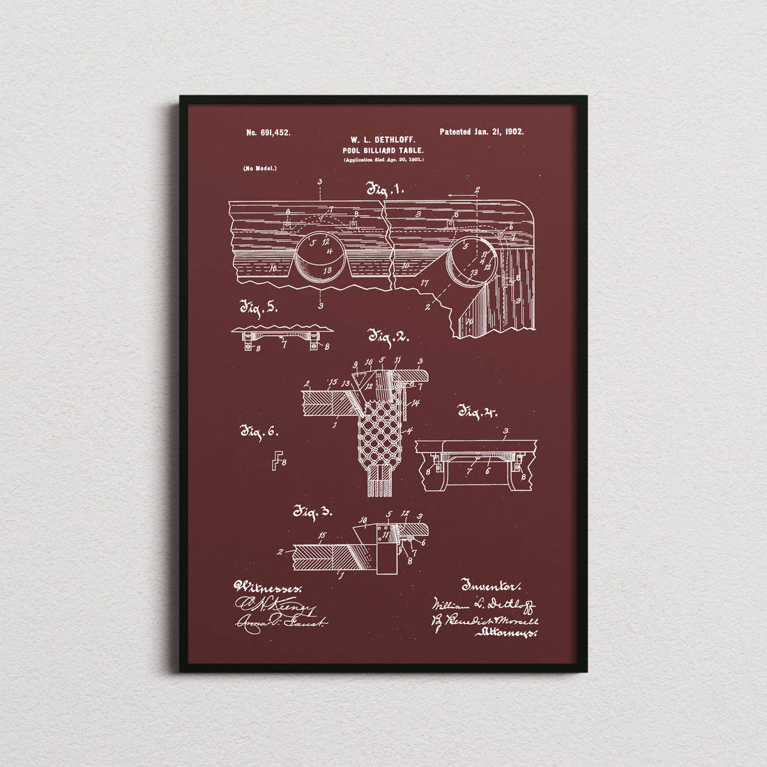 Pool Billiard Table Patent Print in the burgundy colourway, framed