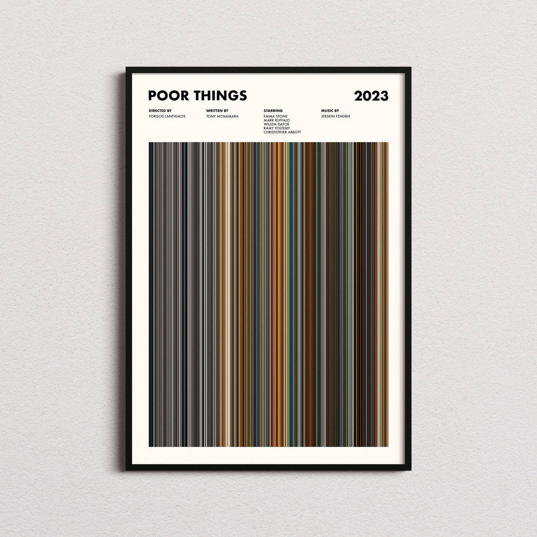 Poor Things Movie Barcode Poster framed on a plain studio wall