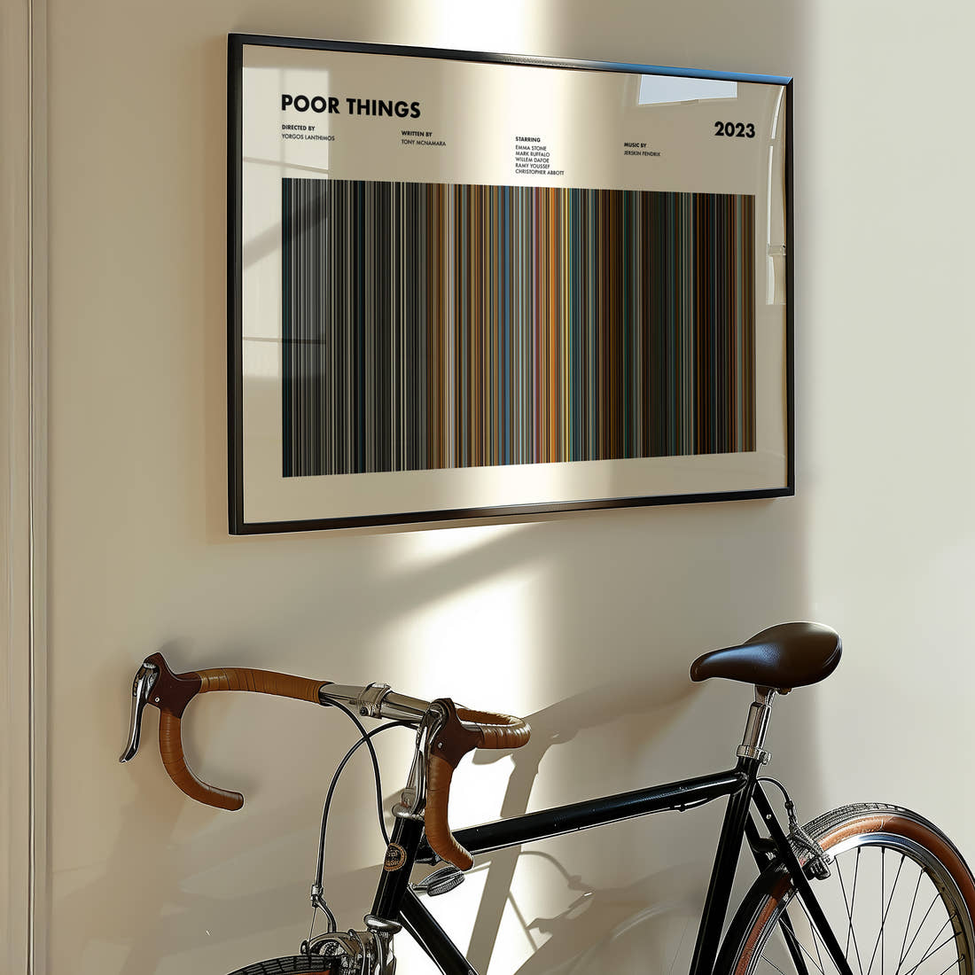 Poor Things Movie Barcode Poster framed on the wall of a styled room setting