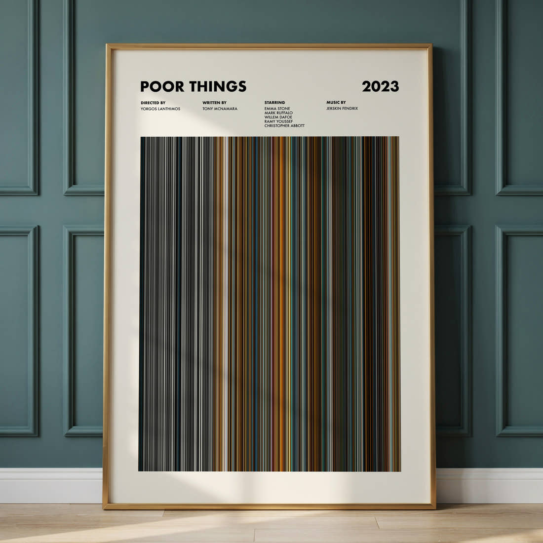Poor Things Movie Barcode Poster framed and leaning against a panelled wall