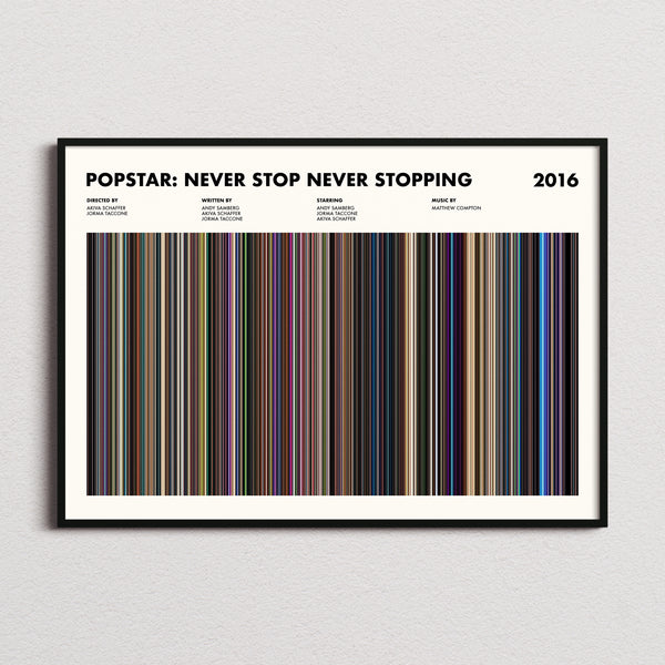 Popstar: Never Stop Never Stopping Movie Barcode Poster framed and photographed straight on