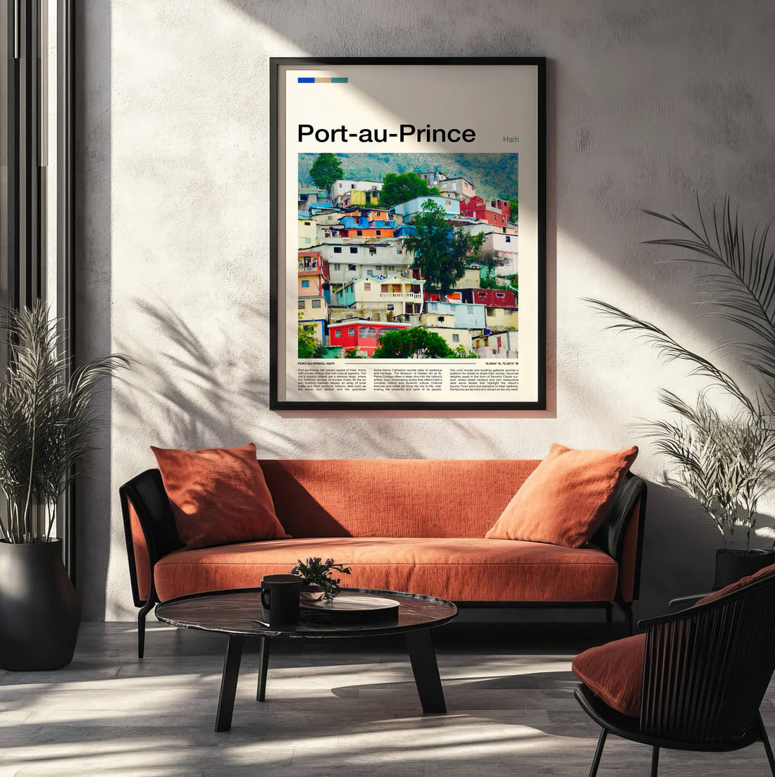 Port Au Prince Colourful Hillside Houses Travel Print framed on the wall of a modern living room