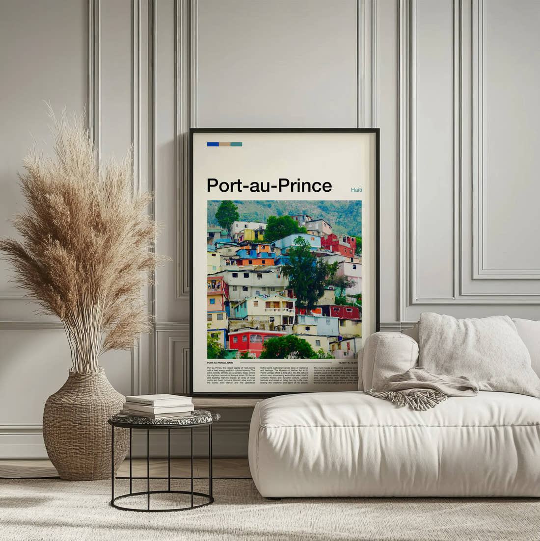 Port Au Prince Colourful Hillside Houses Travel Print framed on the wall of a calm, neutral bedroom