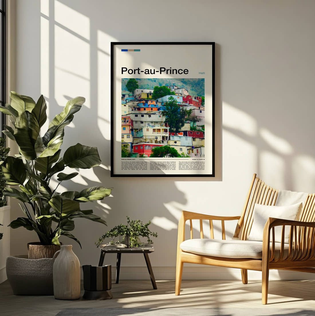 Port Au Prince Colourful Hillside Houses Travel Print framed on a pale wall beside houseplants