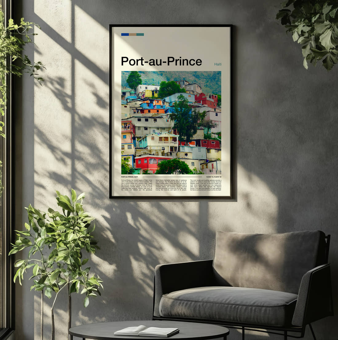 Port Au Prince Colourful Hillside Houses Travel Print framed on the wall of a relaxed living room