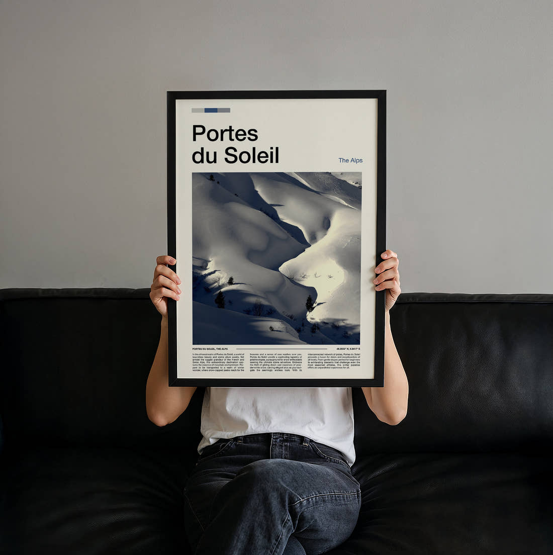 Portes Du Soleil Snowy Slopes Travel Print held up by hand to show the size of the print